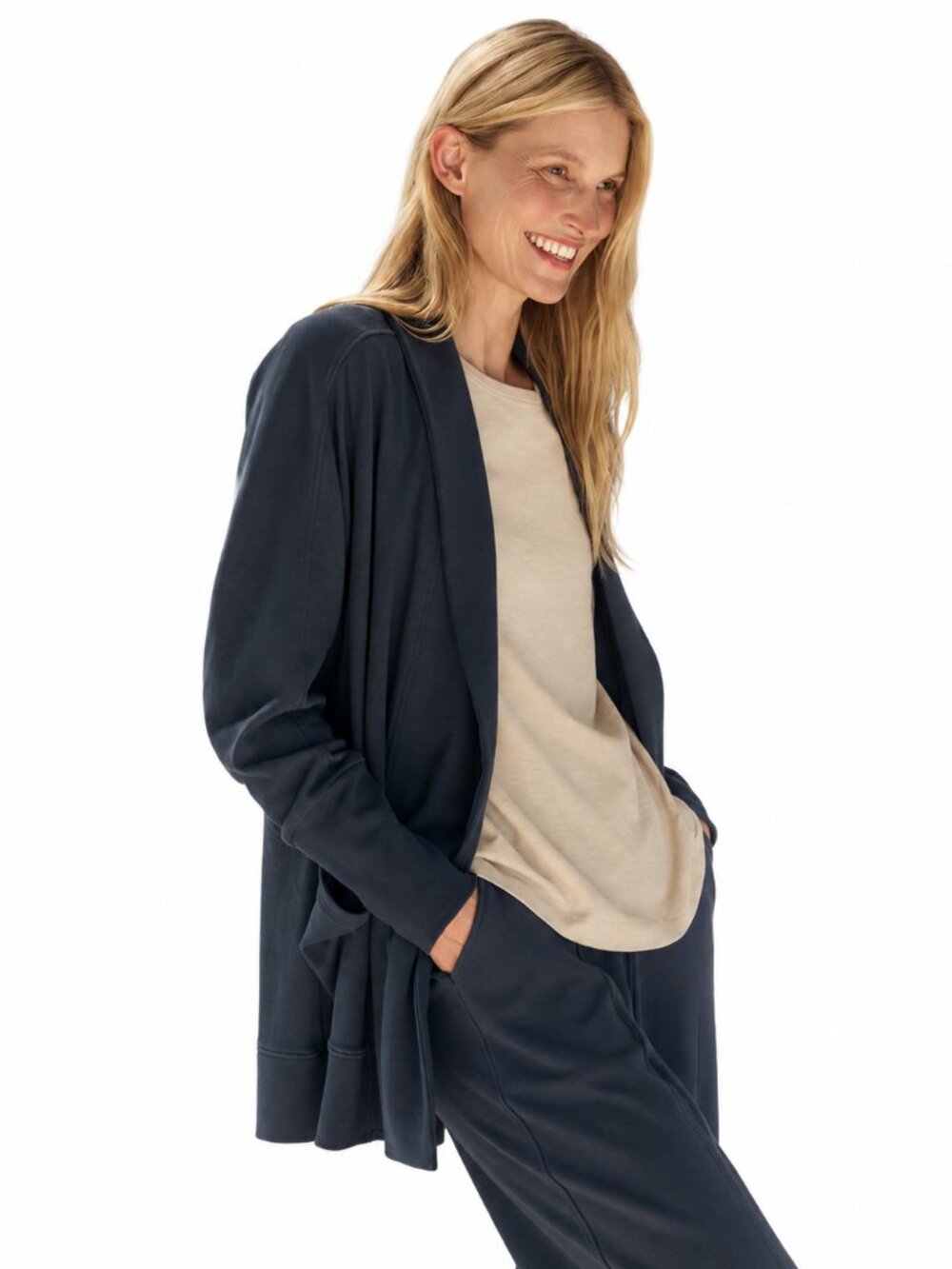 PACT Airplane Wrap Cardigan XS/S Navy Organic Cotton Shawl Collar Pockets